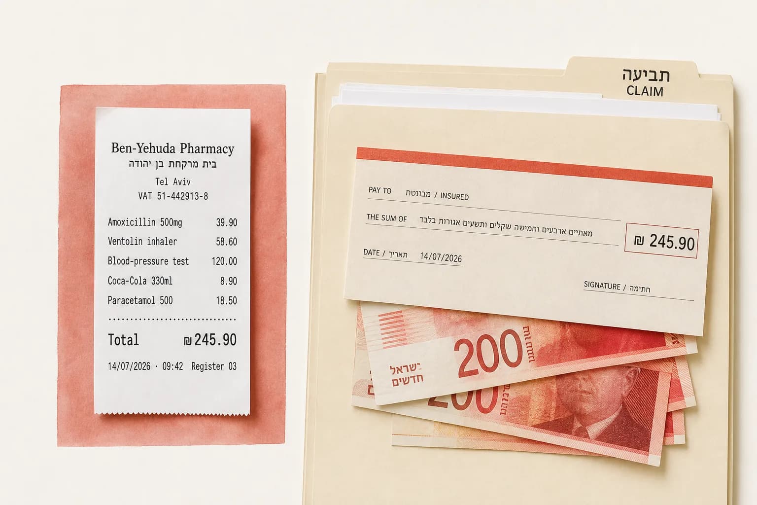 A Ben-Yehuda Pharmacy receipt beside an Israeli claims folder. Shekel notes and a cheque slide off the file.